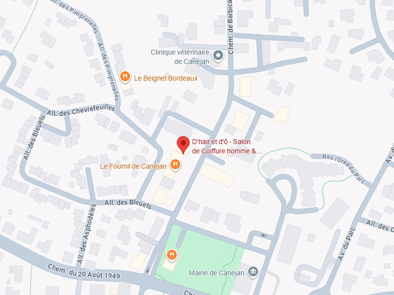 Plan de Canéjan : Salon de coiffure D'hair et d'ô Plan de Canéjan montrant le salon D'hair et d'ô, le Fournil et la mairie.